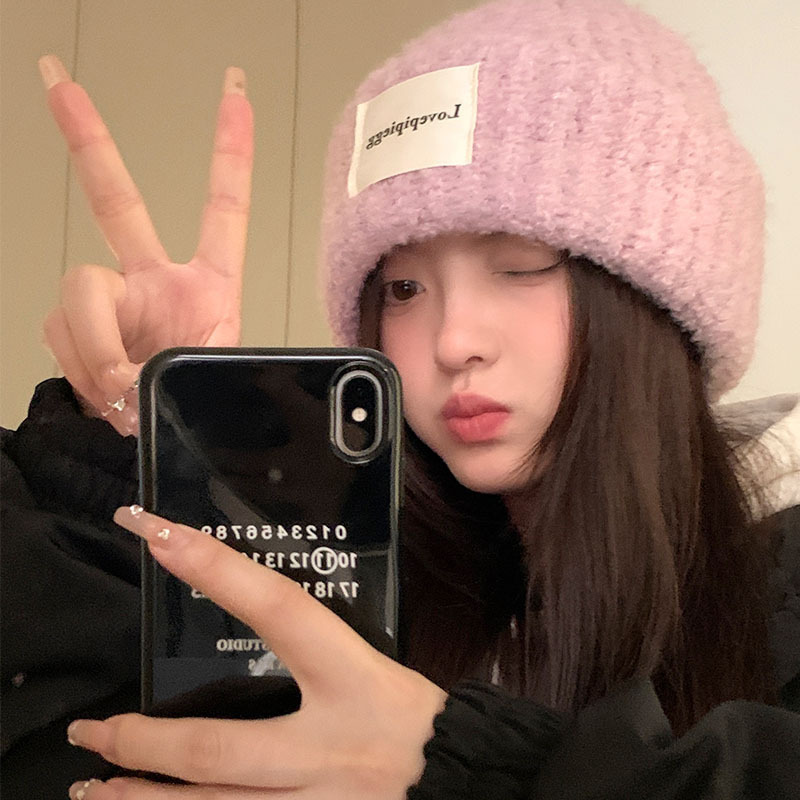 Winter warm woolen hat for women, cold protection, thickened pullover, ear protection, cycling knitted hat, versatile simple letter pile hat