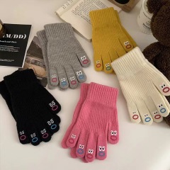 Cute, funny, ugly and cute expression, fingerless touch screen five-finger gloves for women, autumn and winter knitted wool, warm cycling students