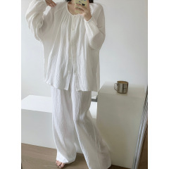 Korean style white long-sleeved double-layer cotton gauze pajamas for women spring and autumn new skin-friendly pure cotton home clothes large size suit summer