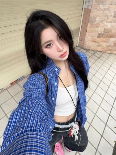 MIU is full of style in autumn Korean style loose design blue plaid long-sleeved shirt women's casual top