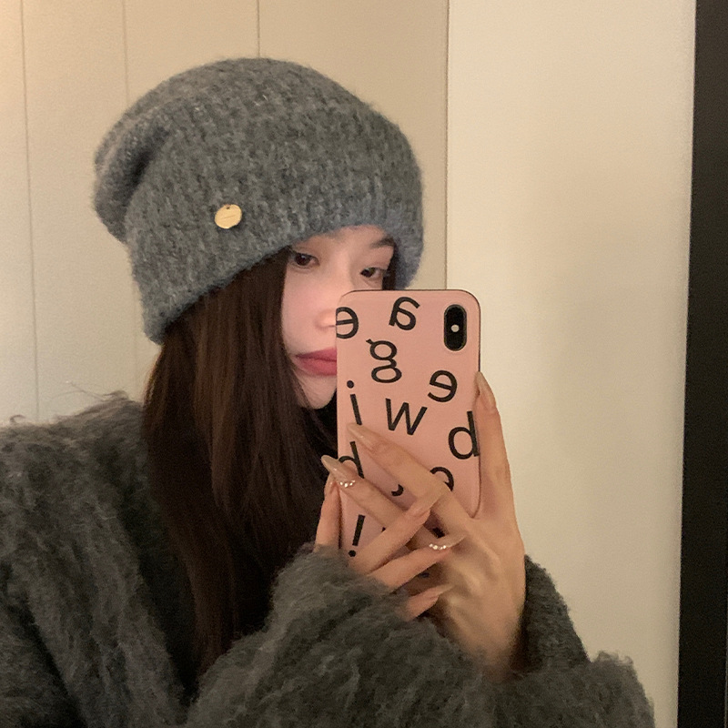 Big head circumference knitted hat for women new winter Korean style warm ear protection wool bag head showing face small pile hat gray