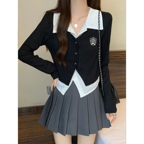 Fake two-piece college style Polo collar shirt top autumn new gray pleated skirt suit two-piece set for women