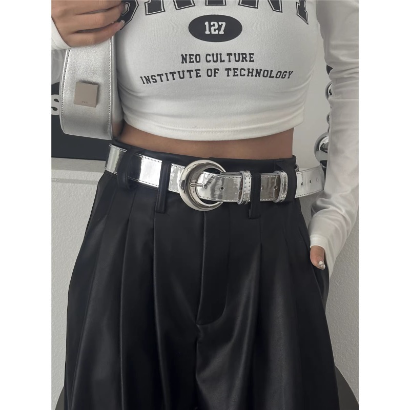 Silver shiny leather belt for women 2024 new decorative accessories skirt jeans coat blazer women's belt