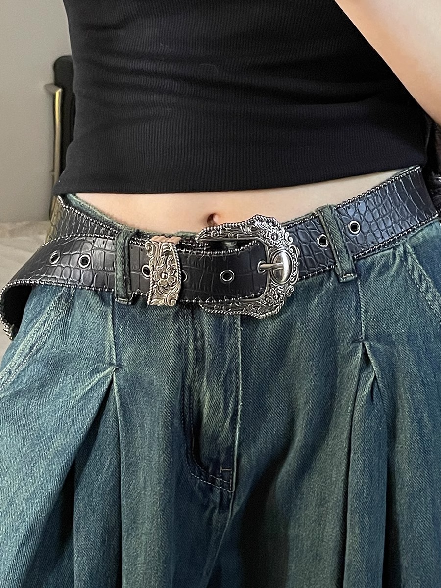 American retro belt for women with crocodile pattern European and American retro niche belt versatile Korean version hot girl hip-hop punk