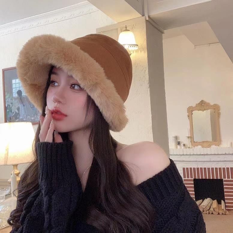 Furry fisherman hat women's autumn and winter simple Internet celebrity Japanese velvet warm hat basin hat fisherman hat bucket hat