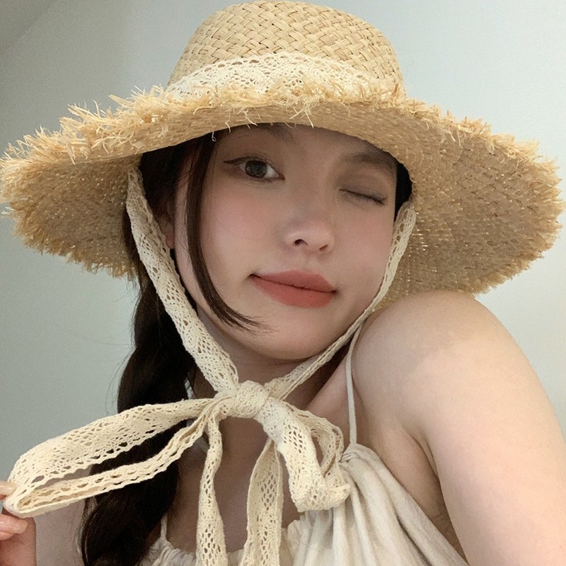 Sun protection hat, woven large brim, lace trim, large head circumference, face-showing small straw hat, seaside beach hat, versatile