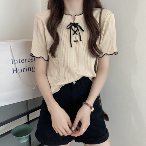 Real shot and real price. Summer Korean style right shoulder strappy knitted short-sleeved top with funky design.