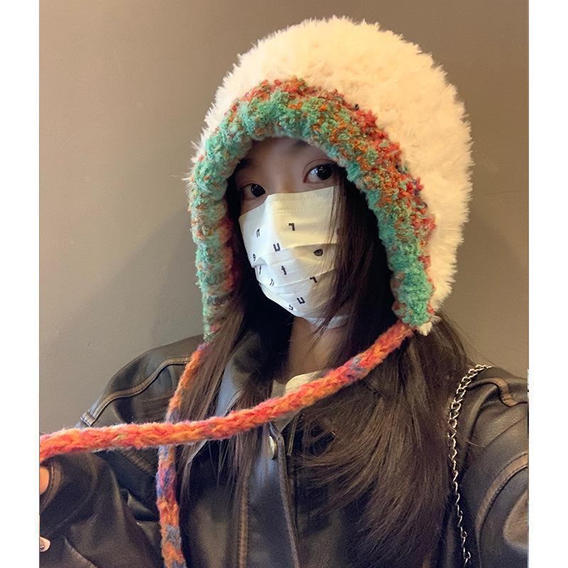 Knitted Plush Hat Women's 2024 New Autumn and Winter Gradient Color Long Braid Baotou Hat Korean Style Warm Hat