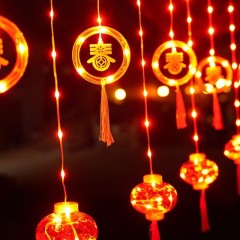 LED Spring Festival New Year Decorative Curtain Lights Festive Chinese Red Fortune Spring Words Red Lantern Pendant LED Decorative Colored Light String