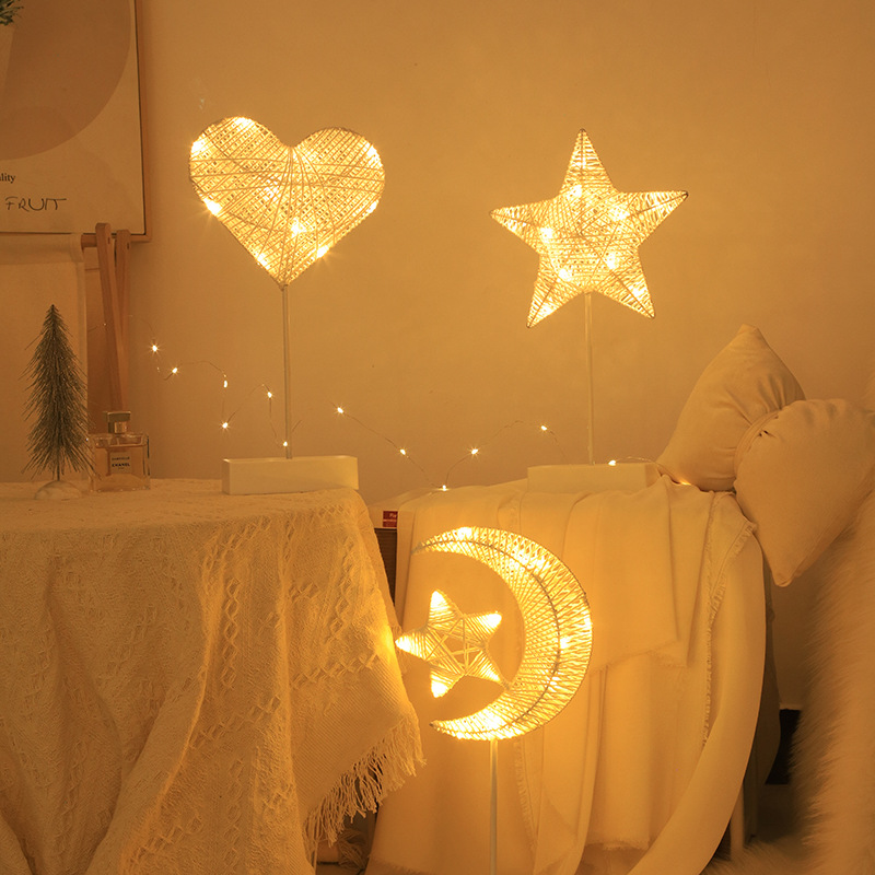 LED rattan night light star and moon shaped table lamp romantic room decoration hollow rattan star and moon night light