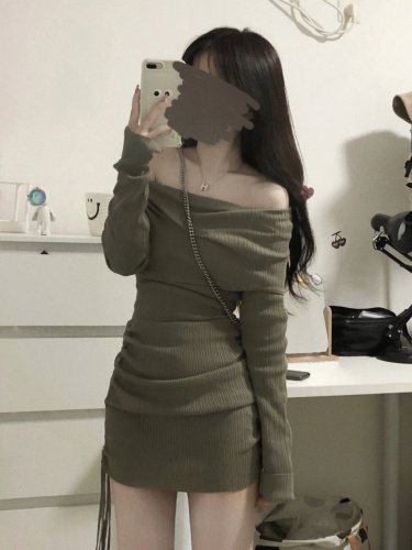 Pure lust-style hottie one-shoulder drawstring dress  autumn and winter Yujie design tight-fitting and slimming hip-hugging short skirt