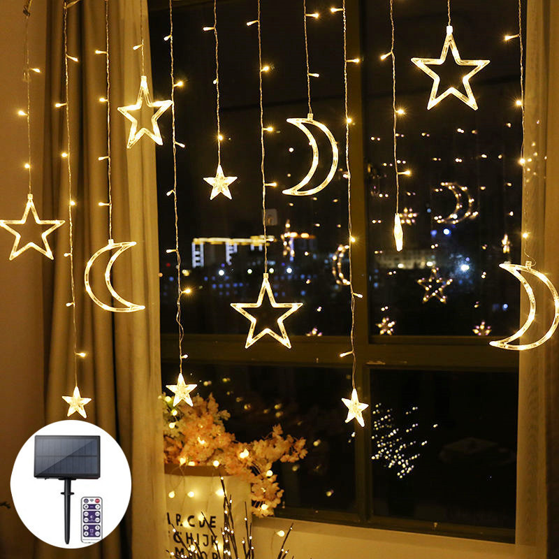led star and moon curtain lights camping light string solar remote control star lights outdoor decorative lights colorful light string wholesale