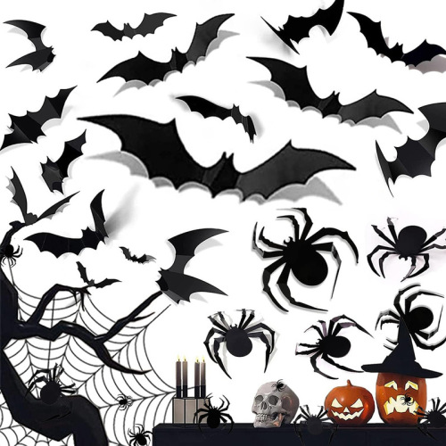68PCS Large Halloween 3D Spider and Bat Wall Sticker Combination Halloween Decoration 3D Black Bat Sticker
