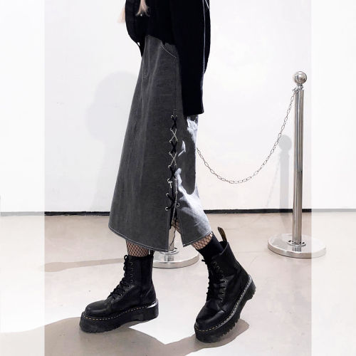 Retro design slit skirt women's mid-length autumn new Korean style versatile high-waisted denim skirt with arm skirt