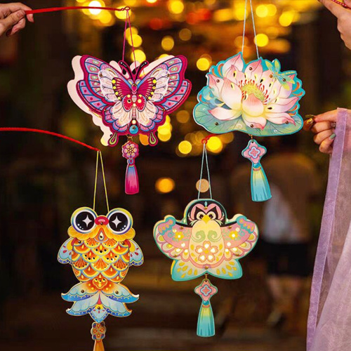 Mid-Autumn Festival lanterns children's portable light-emitting projection lanterns handmade diy material package square stall cartoon lanterns