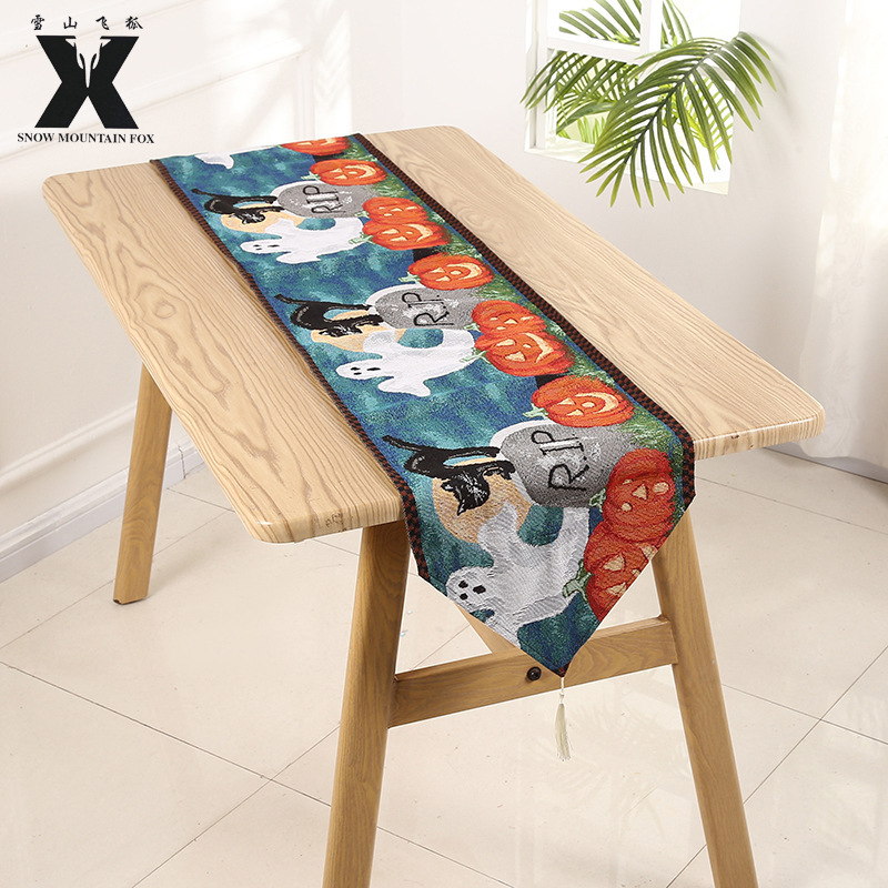Pumpkin Castle Ghost Black Cat Table Flag Halloween Decoration Holiday Table Jacquard Fabric
