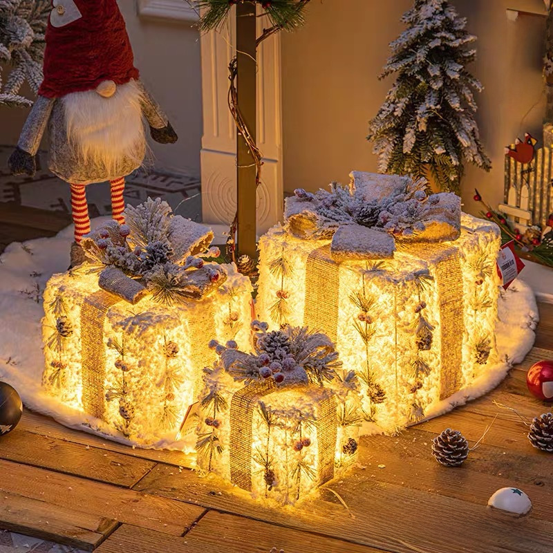 New cross-border supply of luminous three-piece Christmas decoration box Christmas iron ornaments flocked gift box