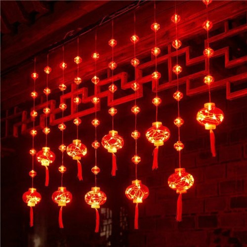 New Year Curtain Lights Indoor Showcase Balcony LED Lights Chinese Red Fortune Lanterns Decorative Lanterns Spring Festival Curtain Light Strings