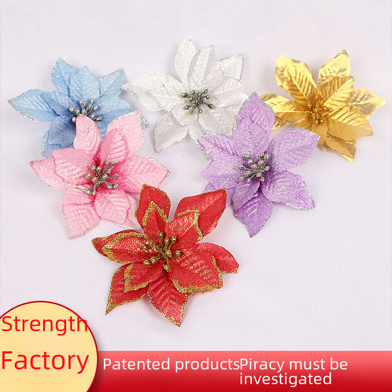 Poinsettia gold powder Christmas flower silver Christmas tree decoration artificial flower Christmas wreath accessories gold edge Christmas artificial flower