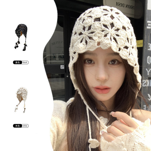 Spring and Autumn Handmade Crochet Cotton Thread Knitted Baotou Hat Women's Large Head Size Elegant Casual Travel Versatile Pullover Hat