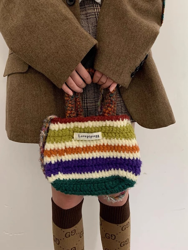 Hand-knitted bag for women, new rainbow wool tote bag, crossbody handbag, cute Japanese shopping student