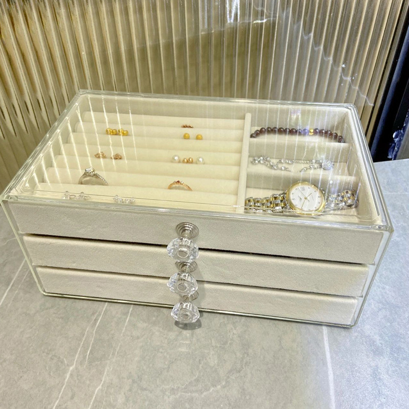 Three-layer velvet jewelry storage box earrings storage box jewelry dust-proof drawer-type jewelry box