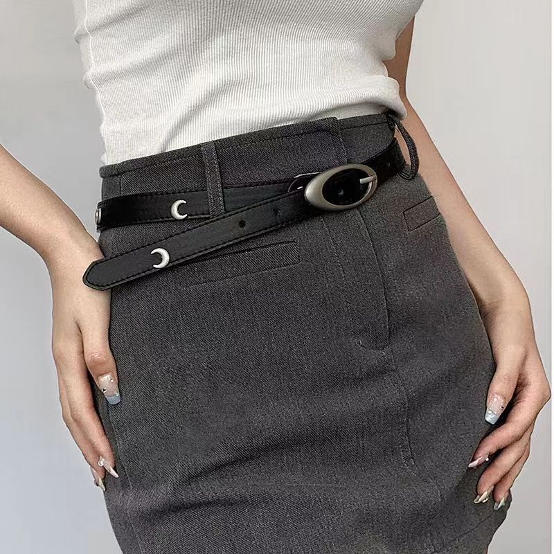 New niche design thin belt female star decorated jeans belt versatile Korean style black belt