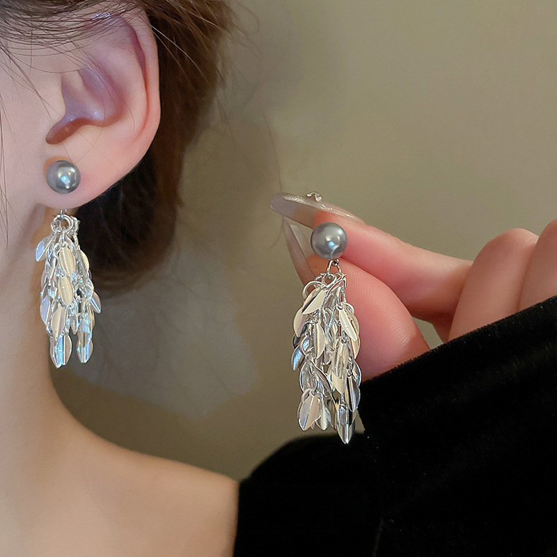 Silver needle pearl leaf tassel earrings cool style personalized design earrings niche versatile earrings