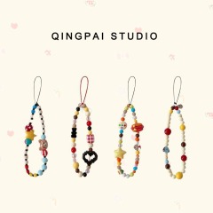Mobile phone case lanyard diy beaded chain cartoon Korean ccd camera key earphone set short anti-lost portable