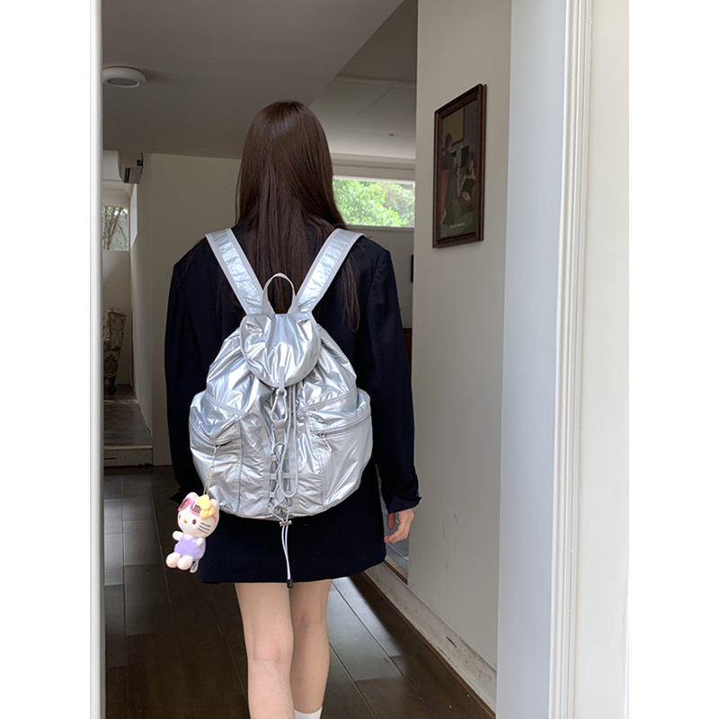 Korean niche silver multi-pocket drawstring college student backpack new versatile large capacity backpack