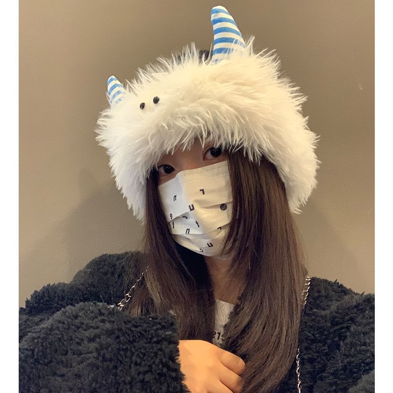 Cute and funny furry knitted hat for women 2024 new autumn and winter warm ear protection versatile cartoon cute little face