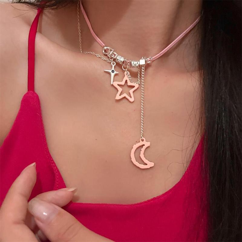 Sweet and Spicy Star and Moon Tassel Necklace Women's Niche Choker Necklace Niche Clavicle Chain Accessories Trendy Hong Kong Style Jewelry