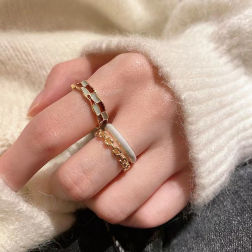 ins cold wind drop glaze checkerboard ring women's new fashion niche design high-end index finger ring