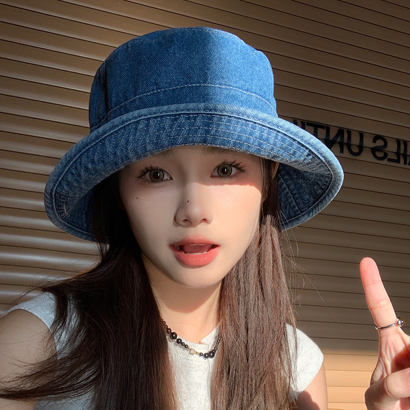 Big head hat Japanese retro denim fisherman hat outdoor sun protection hat women's visor basin hat