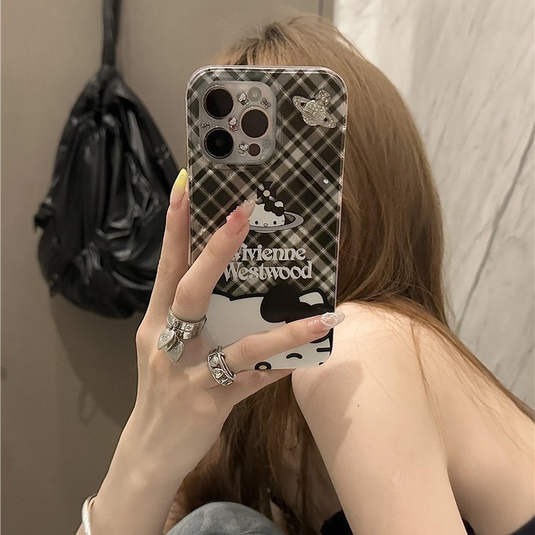 Black and white rhombus internet celebrity KT flash diamond planet suitable for iPhone15promax Apple 14 mobile phone case 13 new style 12
