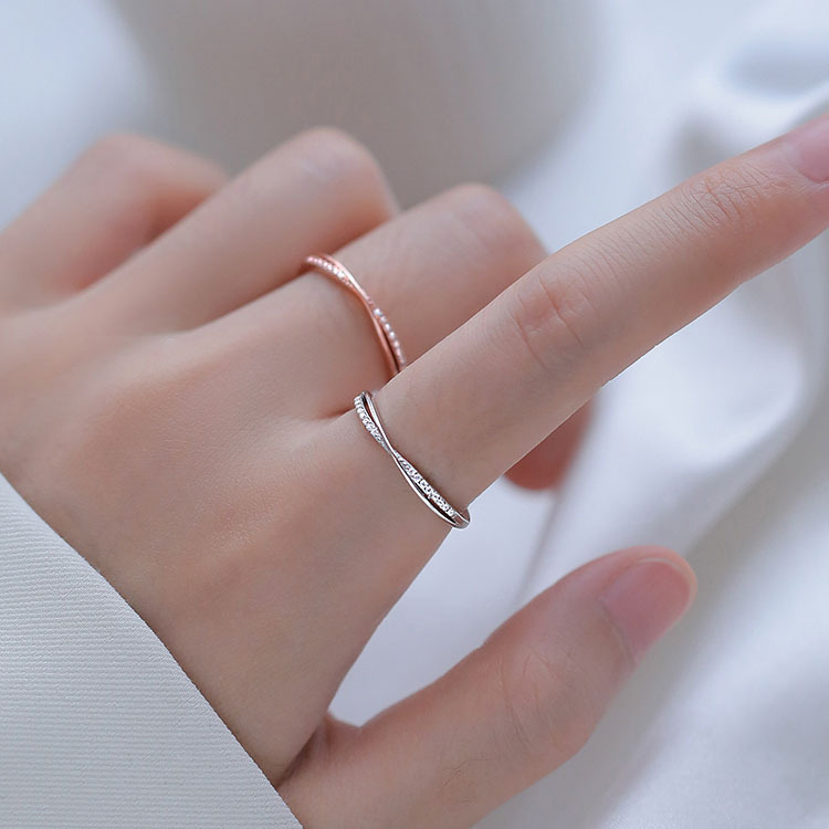 Line cross ring Japanese style simple light luxury temperament row diamond index finger ring personality cold wind ring opening adjustable