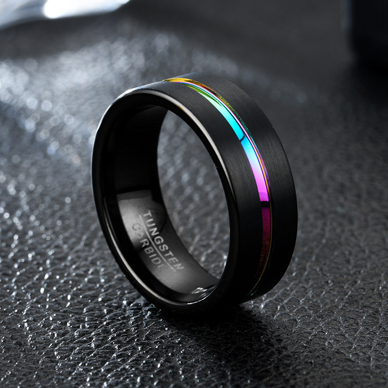 European and American fashion 8MM wide black slotted colorful titanium steel ring men's ring