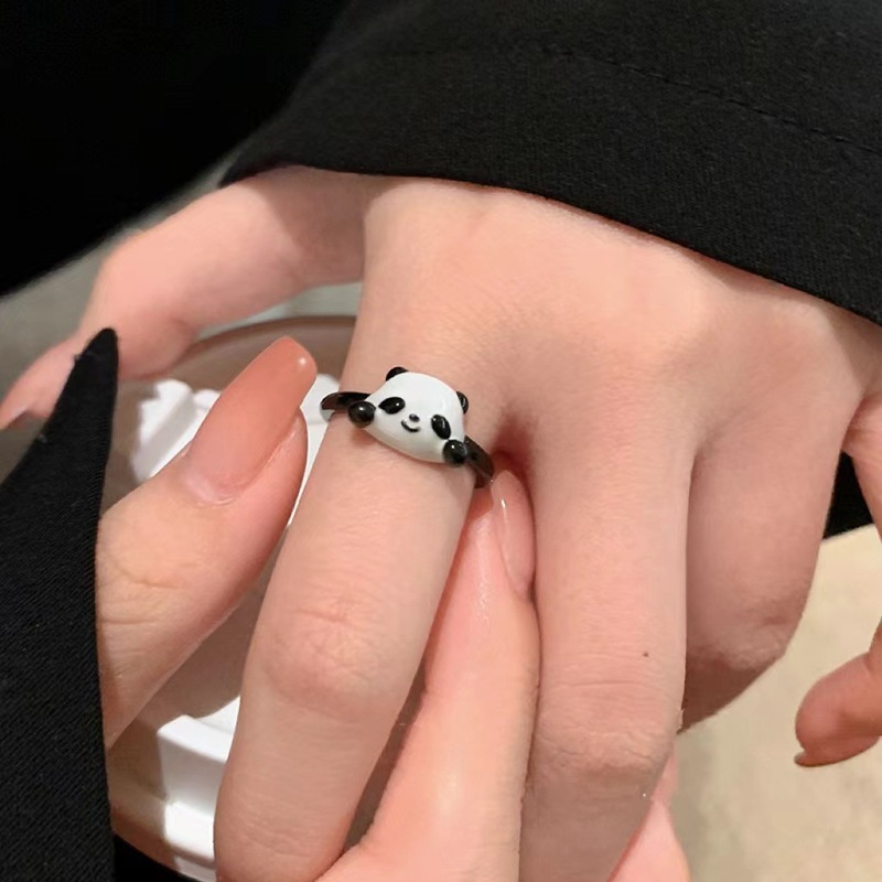Childlike New Cute Panda Alloy Ring Personalized Niche Design Unique Sweet Opening Bestie Diamond