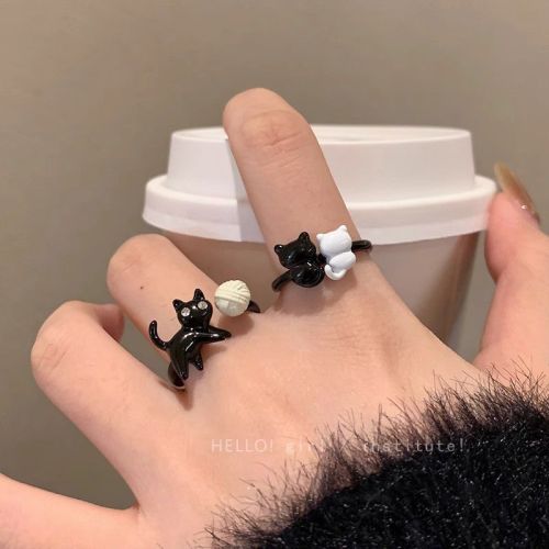 Cartoon Funny Black Cat Ring Female Niche Design Open Ring Childlike Cute Simple Set Index Finger Ring