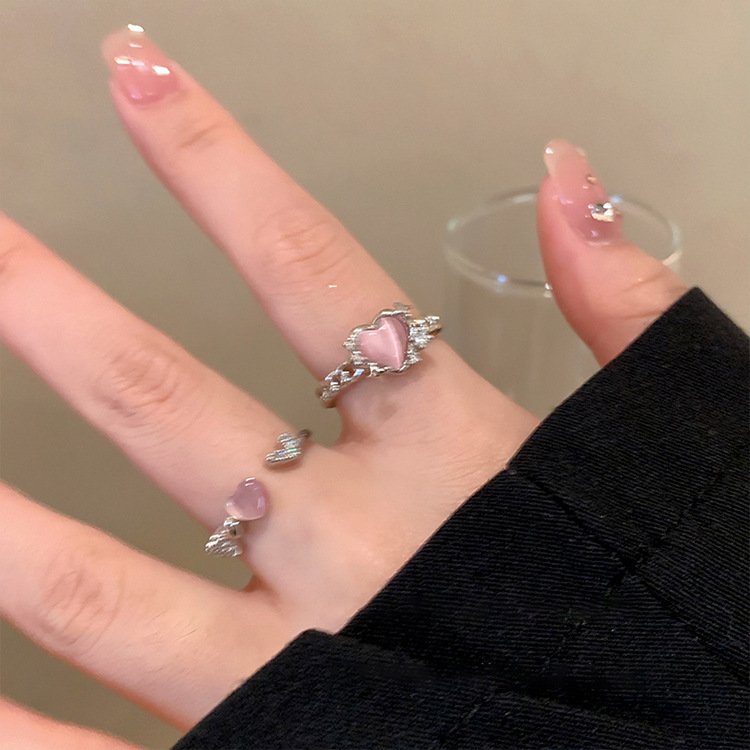 Pink cat's eye stone love metal open ring women's niche design personality simple temperament versatile ring ring