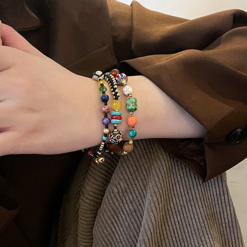 New Chinese style retro Tibetan style bracelet for female couple, geometric niche, natural stone, hand-woven bracelet, ethnic style hand ornament