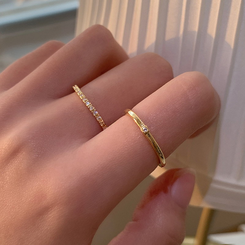 Gold micro-paved zircon simple plain ring open ring two-piece set women's fashion versatile index finger ring high-end
