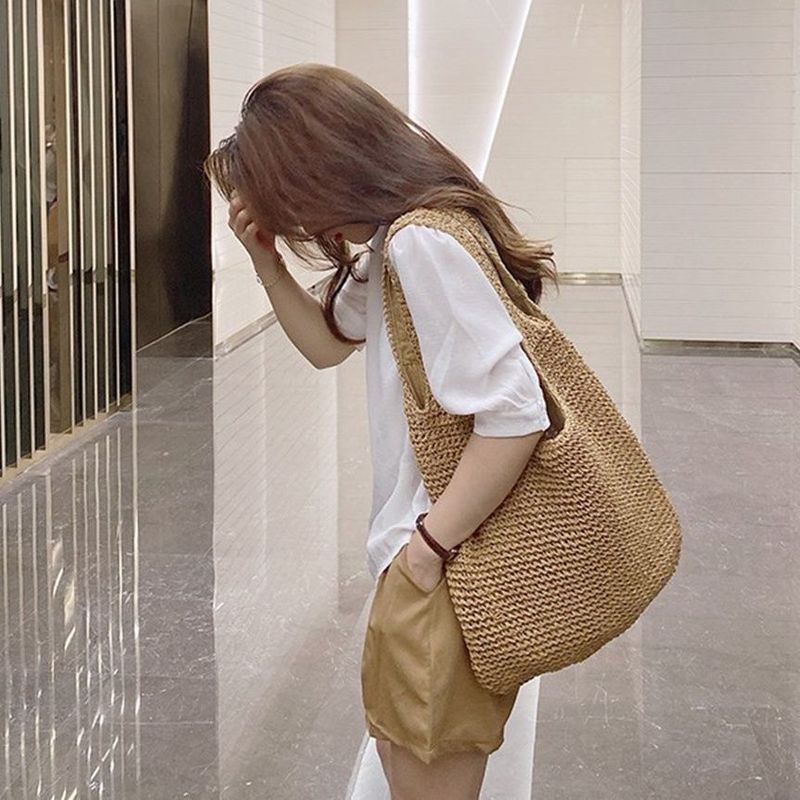 Straw bag women's 2024 new summer all-match casual shoulder bag forest handmade woven bag large capacity beach bag