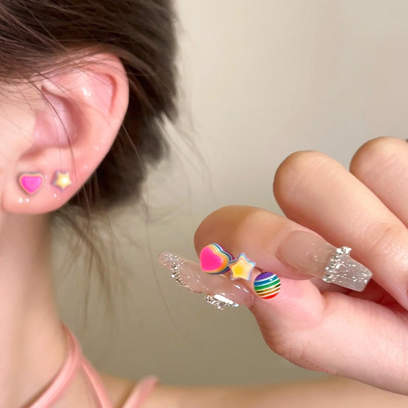 S925 silver needle dopamine color love earrings for women cute little fresh set star earrings to support pierced ears.