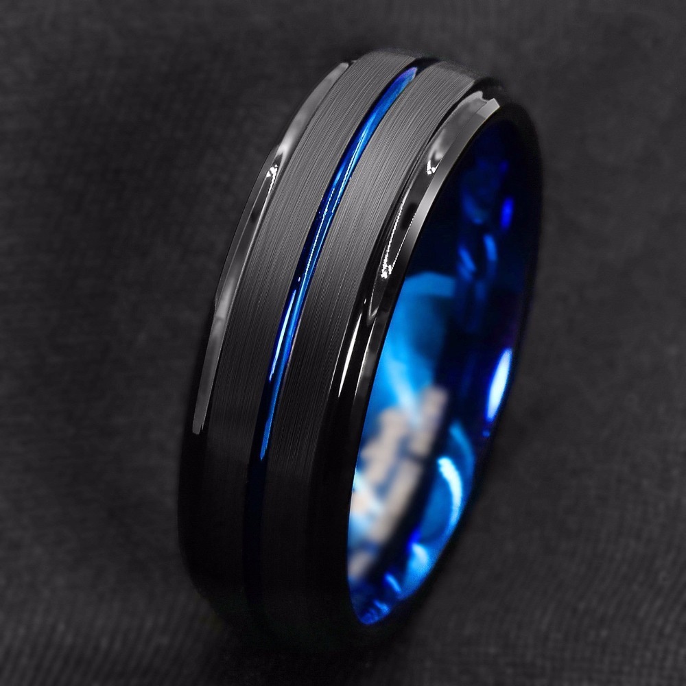 Men's Ring Jewelry Stainless Steel Ring Black Slotted Ring Inside Blue Ring for Men