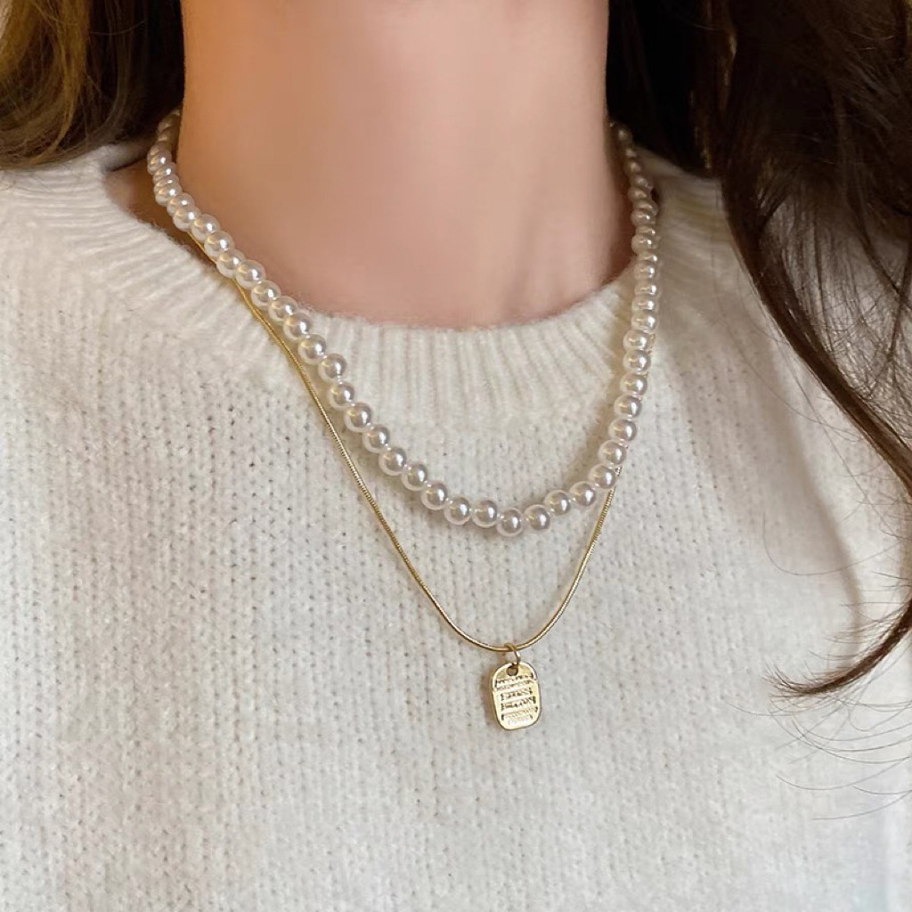 Simple double layer stacked pearl snake bone chain necklace jewelry women's beaded high-end exquisite square letter sweater chain