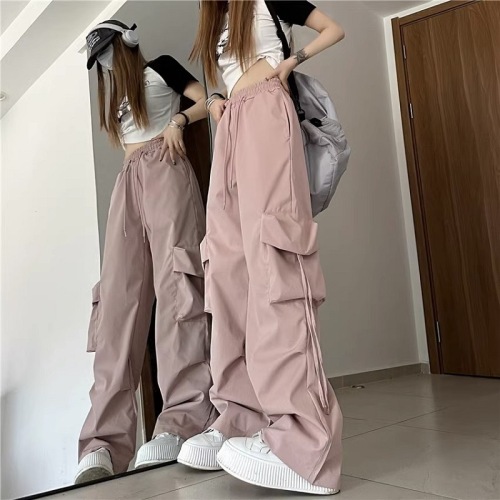 American retro niche overalls for women, three-dimensional pockets, high waist, straight, wide legs, streamers, loose casual floor mopping trousers