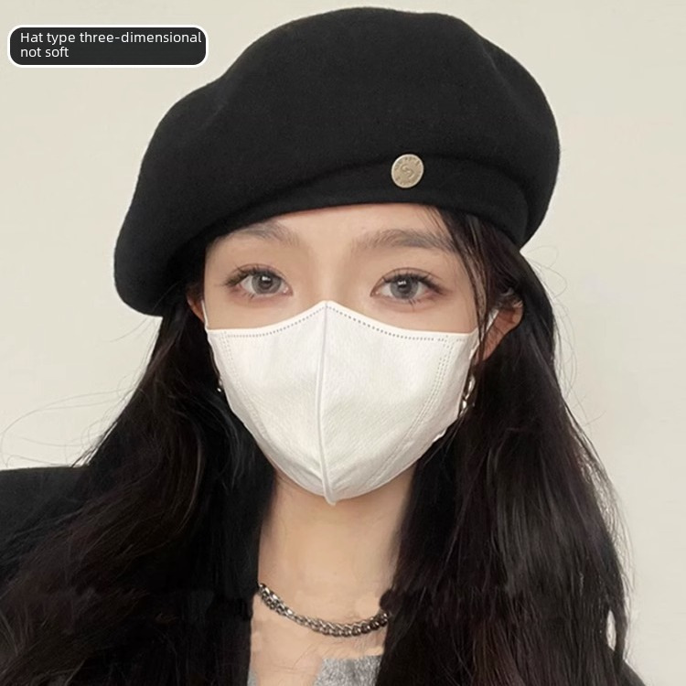 Autumn and winter hat Australian black woolen beret for women in autumn and winter, small face, large head circumference, versatile newsboy painter hat