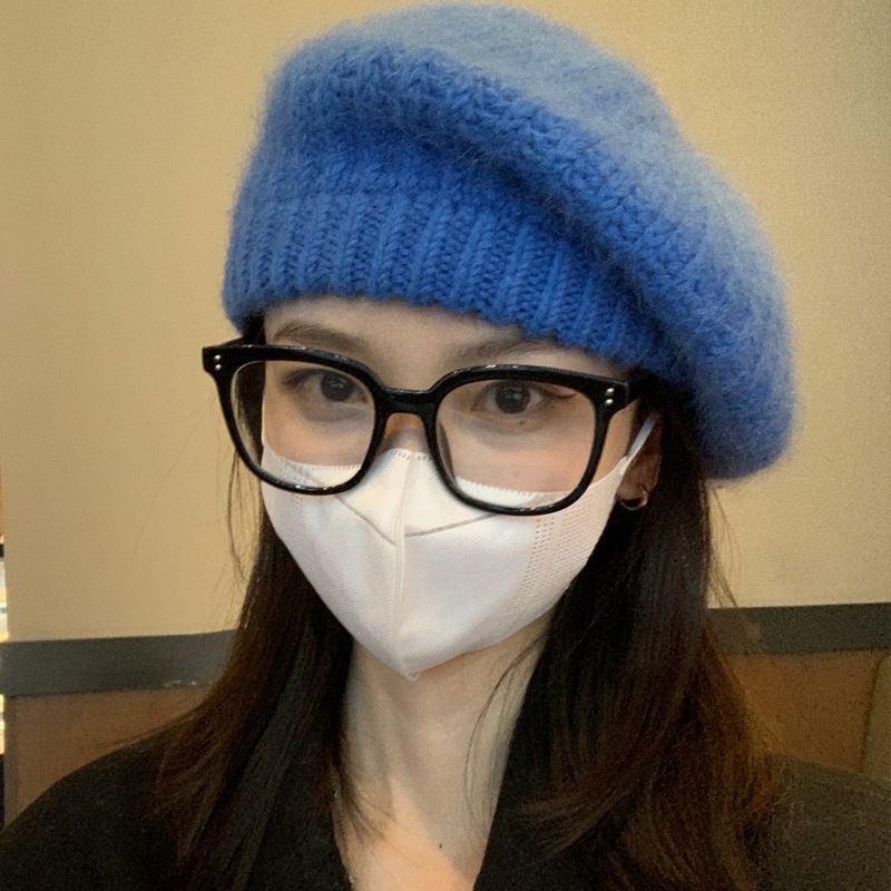 Lazy rabbit fur beret women's autumn and winter knitted loose big head bud painter's hat Korean version showing face small thickening