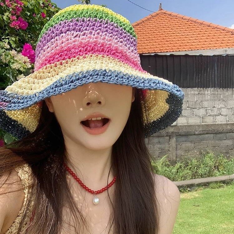 Rainbow straw sun hat for women, Japanese sweet straw hat, beach sun hat, large brim fisherman hat
